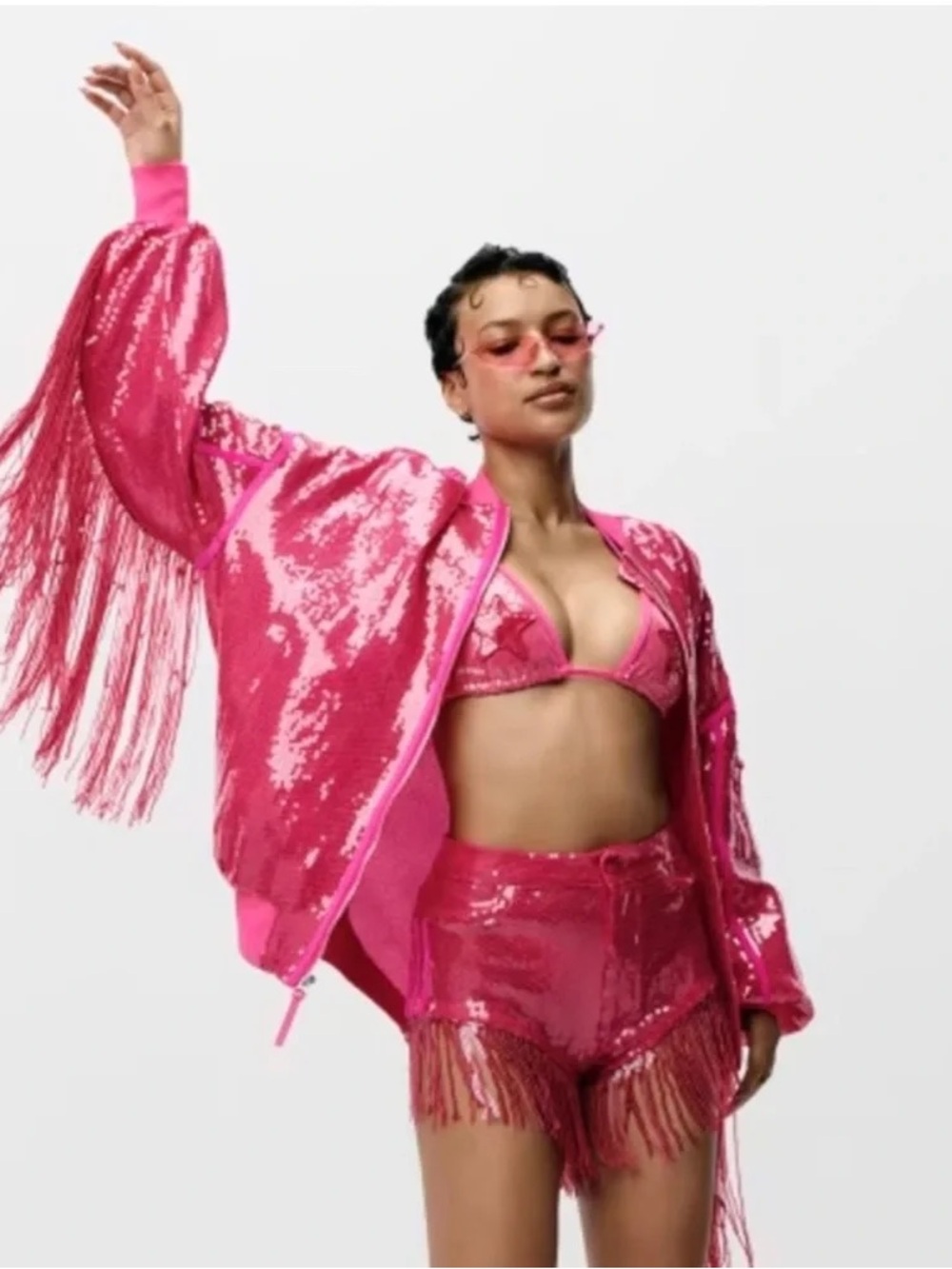 Ivy Park Hot Pink Sequined Fringe Bomber